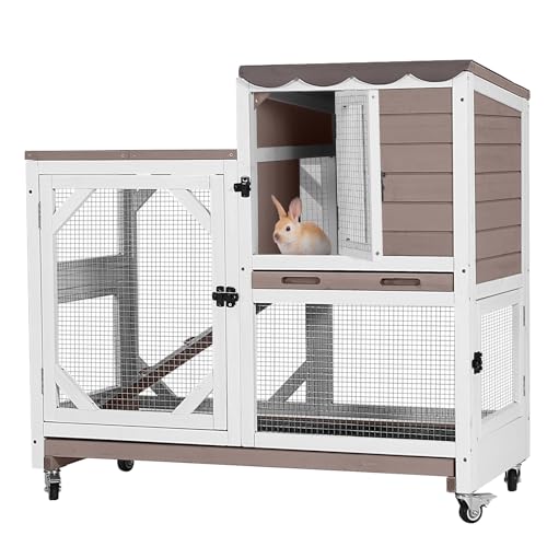Rabbit Hutch Outdoor Indoor,Two Story Wooden Bunny Cage with Casters,Guinea Pig Cage for Small to Medium Animals with Waterproof Roof and Leakproof Tray