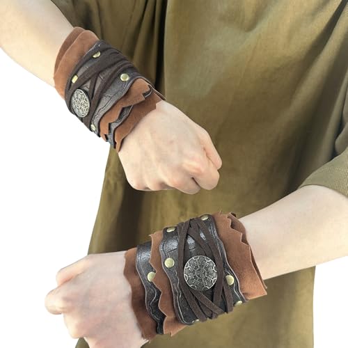 HiiFeuer Mittelalterliche Wildleder-Armstulpen, Renaissance Kunstleder Armschienen, Wikinger Handgelenkband Bogenschießen Armschützer Ritterstulpen (Braun A)