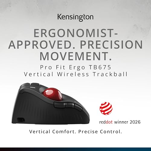 Image of Kensington TB675 Wireless Vertical Trackball Mouse, Ergonomic Design, Rechargeable - Black (K72171WWMY)