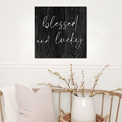 Tollyee Wood Sign With Saying Blessed And Lucky Wood Block Plaque Inspirational Quote Wood Sign For Home Cabin Front Door Outdoor Decoration 12X12In #TOP4