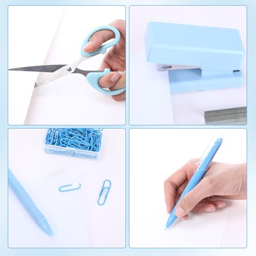 Humyoun Mini Blue Office Supplies Kit Blue School Supplies Christmas Gift Desk Accessories with Gel Pens Sticky Notes Stapler Scissor Paper Clips Index Tabs Box Cutter for Christmas Gifts Office - Thumbnail 5