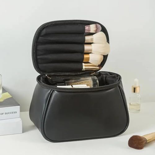 Image of ARLICORPING Large Capacity Cosmetic Bag, Women's Makeup Travel Bag Portable Leather Bag (Black (Medium)), 11 Centimeters