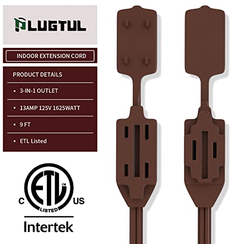 Plugtul Indoor Brown Extension Cord 9 Feet, 3-Outlet Household Extension Cord, 2 Prong, 16Gauge, 3 Polarized Outlets With Safety Cap Protect For Home Office, 16/2 Spt-2 Etl Listed #TOP1