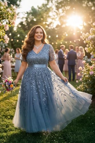 Image of Pinup Fashion Plus Size Formal Dresses - Evening Gowns Wedding Sequin Embroidery V-Neck Prom Long Dress