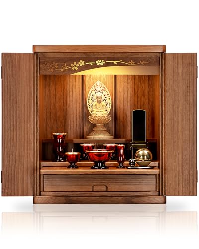 仏壇 ミニ仏壇 ミニ モダン 桜 【高級桐無垢材採用】 コンパクト 家具調 高さ49.5cm 幅42cm 奥行27cm 上置仏壇 小型仏壇 リビング マンション【華蓮 紫檀色 ライトブラウン ウォールナット ミドルブラウン ホワイト】18号 ミドルブラウン