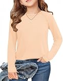 Arshiner Raglan Long Sleeve Shirts Crewneck Tops for Teen Girls Cute Lightweight Girls Shirts Basic Kids Blouses Clothes 10-11 Years Apricot