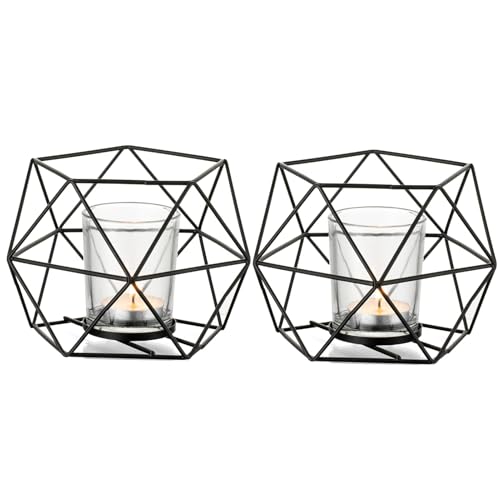 Romadedi Teelichthalter Kerzenhalter Metall Schwarz - 2er Set Geometrisches Teelichter Kerzenständer Stumpenkerze Windlicht Modern Geo Deko für Tischdeko Party Hochzeit Wohnzimmer Weihnachten