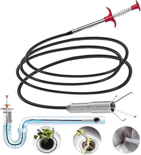 Drain Snake for Hair Clogs, 78 Inch Plumbing Auger Tool with Hook, Toilet Drain Clog Remover for Tub Pipes