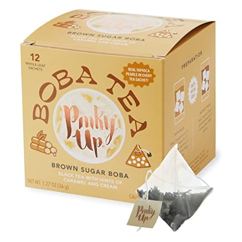 Pinky Up Brown Sugar Boba Tea Sachets - Calorie Free Whole Leaf Black Tea Bubble Tea - Boba Gift 12 Biodegradable Tea Bags Cover