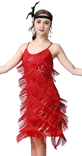 Image of Women 1920s Gatsby Flapper Dress Sexy Open Back Strap Fringed Cocktail Party Dress with 20s Accessories