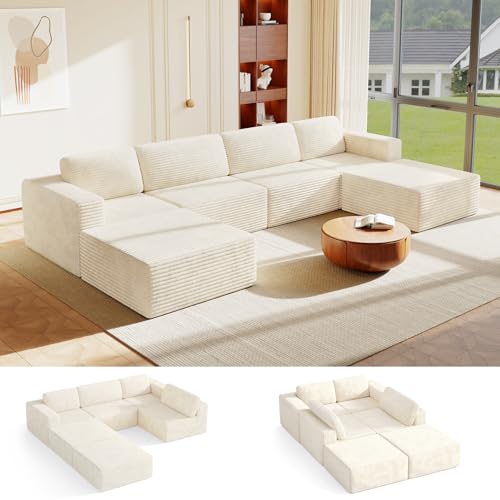 Image of Vesgantti 159 inch Large Modular Sectional Sofa, U-Shaped Corduroy Cloud Couch with Deep Seats & Spring Support, 4-Seater Boneless Sofa with 2 Movable Ottomans, No Assembly Needed, Beige