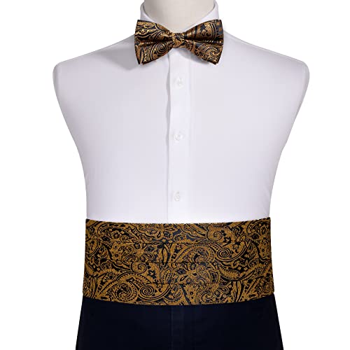 Image of YOHOWA Men Cummerbund Bow Tie Set Silk Paisley Formal Pre-Tied Bowtie Pocket Square Cufflinks Wedding Party Prom