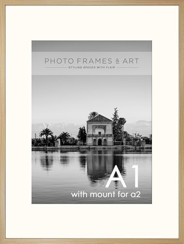Image of pf+a REAL WOOD Large A1 For A2 Poster Frame - A2(42x59.4cm) Frame With Mount Oak Effect - Wall Mountable - A1(59.4x84.1cm) Removable Mount