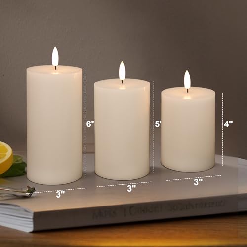 Image of Flickering Flameless Candles, Real Wax Battery Operated Candles with Remote, Flat Top Led Flameless Pillar Candles for Home, Wedding, Party Decor, Set of 3, Φ 3 inch H 4 inch 5 inch 6 inch, Ivory