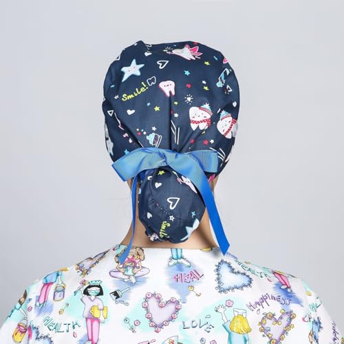 Nurse Work hat, Cartoon Printed hat with Buttons, Ponytail Long Headband2