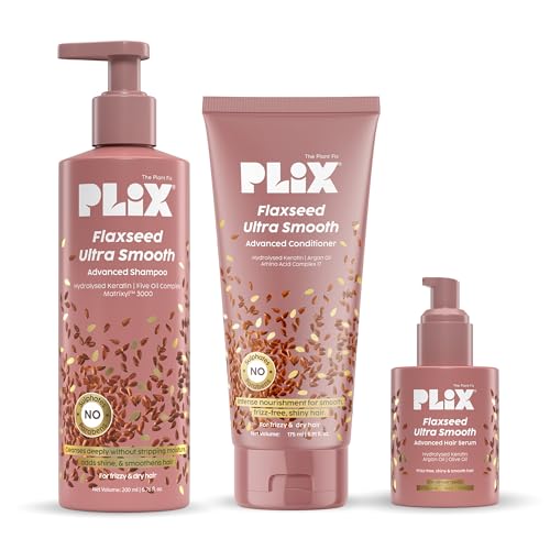 Image of PLIX- THE PLANT FIX Flaxseed Ultra Smooth Combo | Shampoo, Conditioner & Anti-Frizz Serum | Plant Keratin PF | Flaxseed Oil | Argan Oil | Smoothens Out Hair | Controls Frizz | For Men & Women