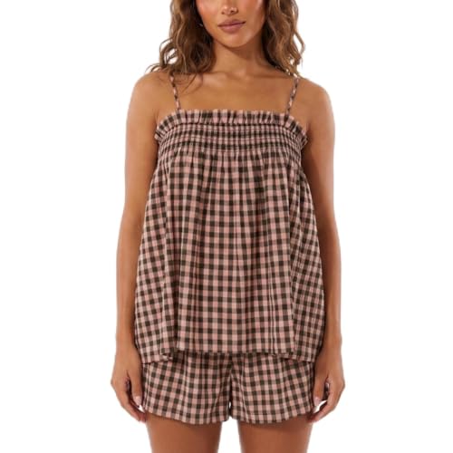 Image of SOOKABEILA Women 2 Piece Lounge Set Sleeveless Striped Cami Peplum Top Boxer Shorts Loose Ruffle Matching Pj Sets Outfits