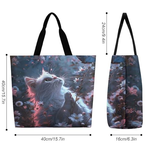 Women's Multi-Functional Shopping Bag，White Cat in Flowers Printing Messenger Bag Shoulder Bag for Travel, Work, Shopping & Parties with Inner Pocket, Grocery Bag Lightweight & Water-Resistant2