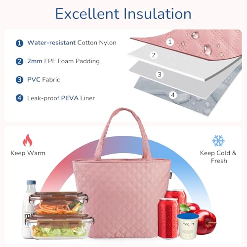 Image of Gloppie Lunch Bag for Women Insulated Leakproof Cooler Work Lunch Tote Pink | 3-Layer Thermal Liner,Keeps Meals Cool Fresh In Summer, Reusable Food-Grade Leakproof Liner, Medium Size With Rear Pocket