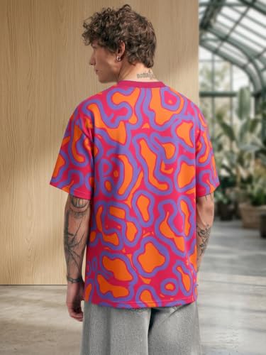 Image of LEOTUDE Men's Tiger Graphic Printed Oversized T-Shirt | Bold Red Sports Jersey Style Tee | V-Neck Half Sleeve Casual Streetwear for Men's (Color:Red)