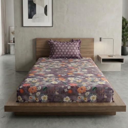 Image of Home Sizzler 210TC Plum Voilet Botanical Print Elastic Fitted Single Bedsheet (72X36 Inch) with 1 Pillow Cover