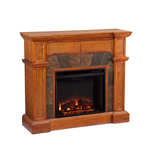 SEI Furniture Cartwright Convertible Earth Tone Tile Electric Corner Fireplace, Mission Oak