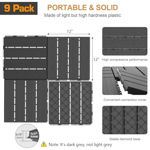 Goovilla Plastic Interlocking Deck Tiles, 9 Pack , 12"x12" Waterproof Outdoor Flooring All Weather Use, Patio Floor Decking Tiles for Porch Poolside Balcony Backyard, Dark Grey