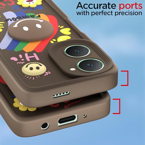Image of Pikkme Back Cover for iQOO Z9 Lite 5G / Vivo T3 Lite 5G / Vivo Y18 / Y18e / Y03 | Soft Silicone| Cute Rainbow Smile & 3D Cartoon Flower Design | Shockproof Raised Camera protection Bumper Case (Brown)