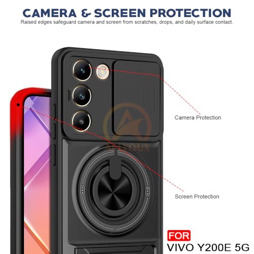 Image of Vivo Y200E 5G / T3 5G Back Cover | Armor Camera Slider 360 Degree Rotating Finger Ring Holder Case with Bracket Stand Back Case Cover (Compatible with MagSafe Accessories) (Black)