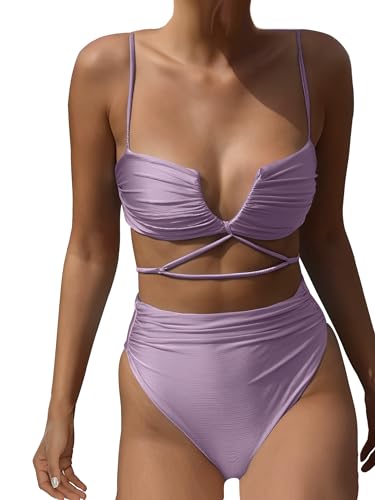 HYTENSUN Women's V Wired High Waisted Bikini Ruched High Cut Two Pieces Swimsuit Bathing Suits
