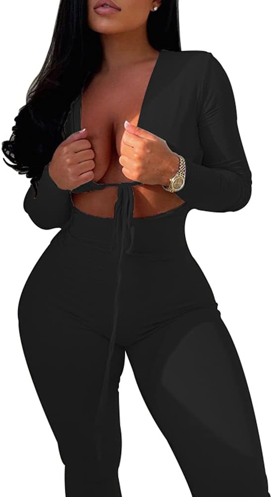 AzhongWomen's Sexy Cut Out Bodycon Jumpsuit Lace Up Front V Neck One Piece Outfit Long Sleeve Rompers