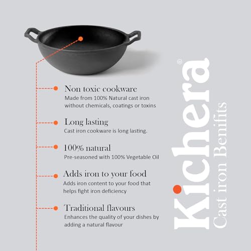 Image of Kichera Pre Seasoned Cast Iron Kadai with 2 Loop Handles 9 Inch / 23cm Heavy Duty Deep Kadhai Safe On Stovetop Induction Cooktop & Oven | 2.5LTR / 3.2KG |Naturally Nonstick Wok Pure & Toxin-Free