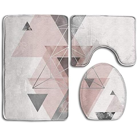 Abstract Geo In Blush Pink And Grey Soft Comfort Flannel Bathroom Mats,Non Slip Absorbent Toilet Seat Cover Bath Mat Lid Cover,3pcs/Set Carpet Rugs Cover