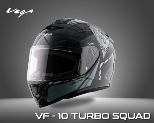 Image of Vega VF 10 Turbo Squad Full Face Riding Helmet with Dual-Tone Design, Shock Absorbing Liner, Lightweight Build, Ventilated Fit, Aerodynamic Design, and Modern Black Grey Styling Black Grey -M