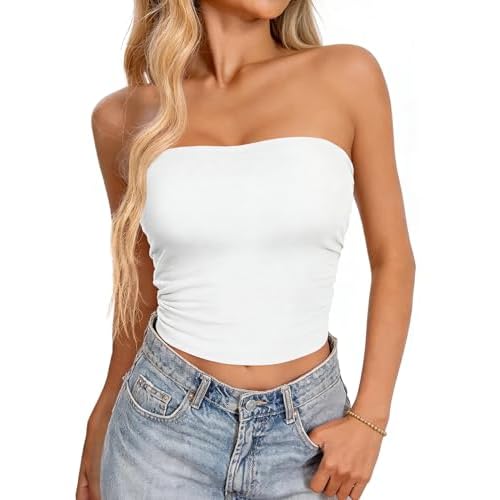 Women Tube Top Summer Strapless Crop Tops Basic Bandeau Going Out Y2k Short Shirt Small White