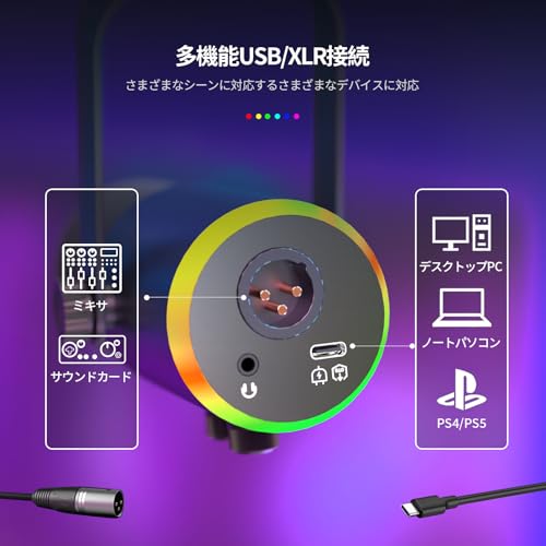 ダイナミックマイク XLR/USB接続、ノイズ低減ゲーミングマイク、単一指向性、音量調節・残響調整・ミュート機能、XLRインタフェース、RGBライト付き、ヘッドホン端子・リアルタイムリスニング機能、ライブ、ゲーム解説、録音、ビジネス会議に適しています、PC パソコン PS4 PS5対応、USBケーブル（Type-Cアダプタを含む）、ブラック (マイク（アーム付き）)
