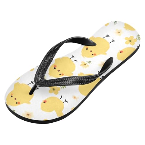 ALAZA Yellow Chick Chicken Flowers Flip Flops for Women Fashion Beach Slippers Comfort Mens Flip Flops Non-Slip Rubber Shower Slippers Sandal for Hotel Travel Sport,XS2