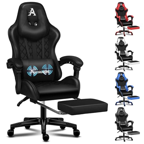 Alfordson Cómoda Silla De Oficina Para Juegos, Reposapiés Integrado, Cojín Lumbar, Ajuste De Inclinación De 150 , Asiento De Cuero Con Respaldo Alto, Cuero Pu, Negro