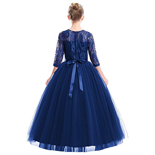 Flower Girls Long Floral Boho Lace Wedding Bridesmaid Dress 3/4 Sleeves Princess Puffy Maxi Tulle Pageant Formal Party Gowns2