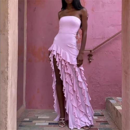 Women Sexy Strapless Ruffle Off Shoulder Slim Fit Elegant Solid Color High Waist Irregular Dress3
