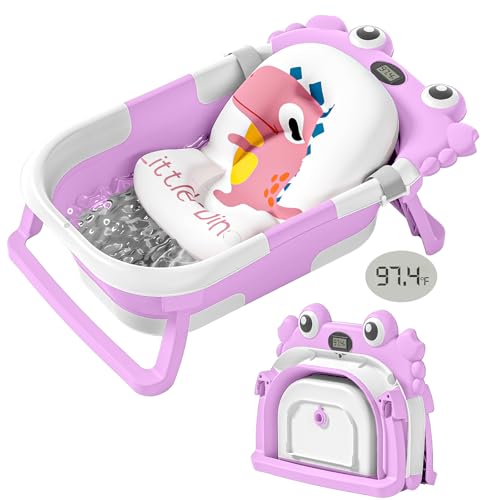Image of Collapsible Baby Bathtub for Newborns with Thermometer and Soft Floating Cushion Portable and Foldable Travel Baby Bath Tub for Infants to Toddler 0-36 Month (Purple)