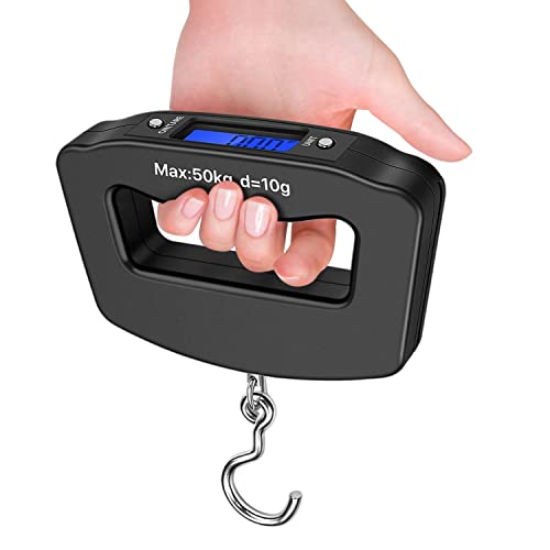 Flexzion Bilancia pesa digitale elettronica a gancio 50kg/110lb 10g, Bilancino portatile per valigia pesca pesci bagagli da viaggio casa posta, Accessori pesavalige sospesa digital con display LCD