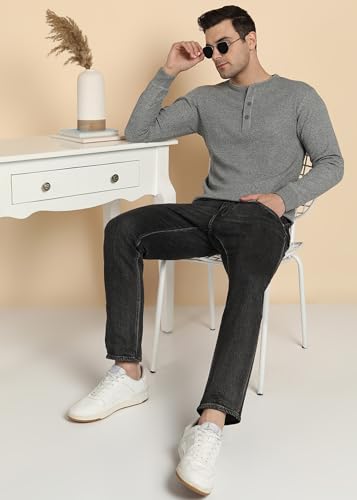 Image of Alan Jones Clothing Men's 100%Cotton Regular Fit Waffle Henley Neck Long Sleeve T-Shirt