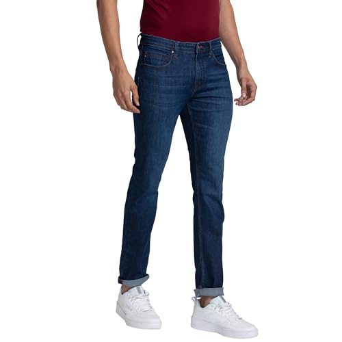 Image of Raymond Men's Mid Rise Cotton Blend Solid Pattern Slim Fit Flat Front Jeans