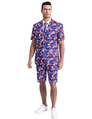 Men's 3-Piece American Flag Suits for 4th of July, Two Buttons Short Sleeve Blazer & Shorts & Tie & Bowtie