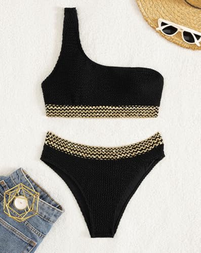 Image of YIMISAN Women's Ribbed Bikini Sets One Shoulder Top with Mid Waist Two Piece Bathing Suit