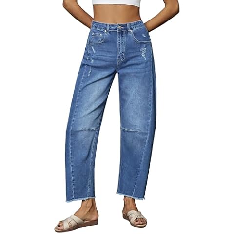 Genleck Barrel Jeans Women Wide Leg Vintage Baggy Ripped Jeans Y2k Boyfriend Ankle Denim Pants(Blue,8) Cover