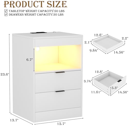 Yusong Night Stand with Gun Drawer & Invisible Lock, Bedside Table, LED Nightstand with Charging Station, Modern Night Stand, Wood Sofa Couch End Side Table with 2 Pull-Out Shelf, White