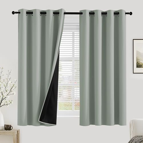 PONY DANCE 100% Blackout Curtains for Bedroom - Thermal Full Blackout Eyelet Curtains & Drapes Heat and Light Blocking Panels for Living Room with Black Liner 2 Pcs 52 x 54 Inch Sage Green