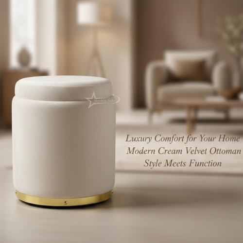 Image of Velvet Round Single Strip Ottoman Office Stool Foot Rest Stool Velvet Fabric Padded Seat Pouf Ottoman 13 X 13X 16 inch, in Round Shape for Living Room Cream